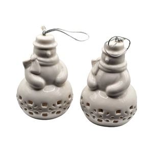 Set‎ of Two Snowman Bell Christmas Ornament Ceramic White